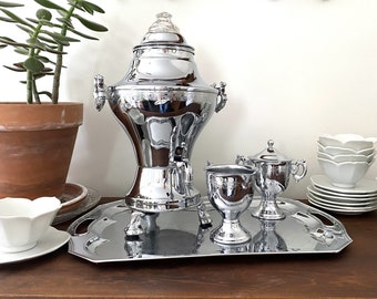 Vintage United Metal Goods Brooklyn, NY Three Footed Silver-Plated Electric Percolator with Serving Tray, Sugar & Creamer 4 Piece Set WORKS