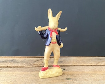 4-1/2" Tall Vintage Anthropomorphic Celluloid Plastic Rabbit Wearing Blue Jacket Figurine - Made in Japan