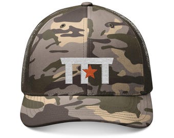 Camo Trucker Hat, Texas Lone Star Embroidered Hunting Cap, Low Profile Camo Snapback, Gift for Hunter, Texas Field & Tide