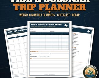 Tide & Solunar Fishing Trip Planner Printable, Saltwater Fishing Calendar PDF, Moon Phase Fishing Log, Boat Trip Checklist, Letter and A4