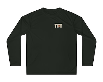 May include: A black long-sleeve crew neck shirt featuring a small graphic on the upper left chest. The graphic consists of two vertical white bars connected by a horizontal white bar, with a small orange star positioned between the vertical bars.