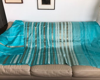 Vintage Silk Sari - Saree - Shari  Beautiful Turquoise with Gold and White Embroidery