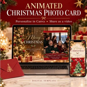Animated Christmas Photo Card, Opening Envelope Video, Canva Template, Family Holiday Greeting, Digital Christmas eCard