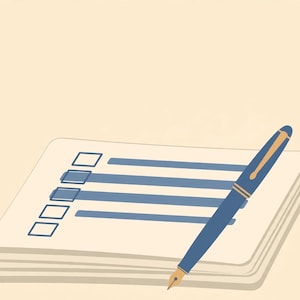 Könnte beinhalten: Ein Stapel weißes Papier mit einer Checkliste, die vier quadratische Kästchen und horizontale Linien aufweist, von denen zwei blau ausgefüllt sind. Ein blauer Füllfederhalter mit goldfarbenen Akzenten liegt diagonal auf dem Papierstapel.