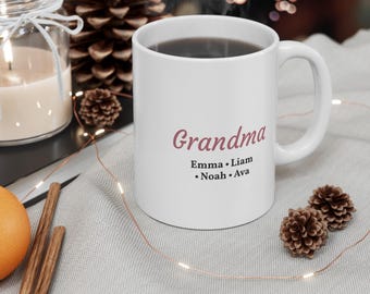 Gepersonaliseerde oma-mok met de namen van de kleinkinderen, op maat gemaakte opa-koffiemok, Nana-mok, kerstcadeau voor grootouders van de kinderen