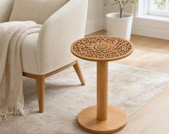 Round Pedestal Side Table, Floral Carved Mango Wood, Circular Foot, Natural or Whitewash