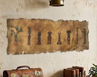 Enchanted Tiki Gods Panoramic Art Print, WEATHERED | 24x8 Disneyland Inspired | Watercolor & Ink | Adventureland Wall Decor for Tiki Bar