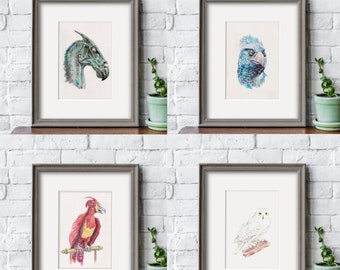 Instant Download, Set of 4 Magical Wizarding Winged Creatures, 5"x7" Watercolor Prints