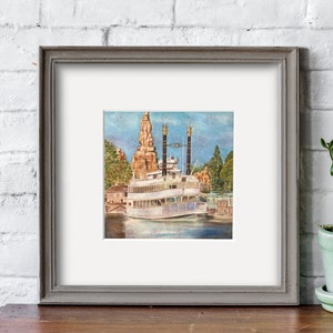 May include: A watercolor painting of a white steamboat docked at a pier. The steamboat has two tall black smokestacks and a white paddle wheel. The background features a colorful building with a golden spire.