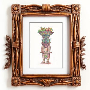 May include: A framed watercolor print featuring a colorful figure carrying a bowl of fruit. The figure has a detailed face and is holding a staff. The frame is a detailed, ornate, dark brown wood.