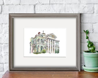 Disneyland's Haunted Mansion, High-quality Ink & Watercolor Print, 5"x7" (with Matting Options) or 8"x10"