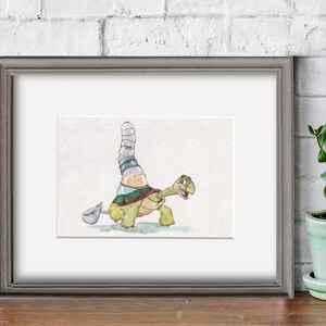 May include: A watercolor painting of a green turtle carrying a stack of blue and white striped cylinders on its back. The turtle is walking to the right and has a happy expression on its face.
