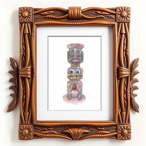 May include: A framed watercolor print of a colorful totem pole. The artwork features a detailed design with shades of pink, blue, and yellow. The frame is made of carved wood with intricate details and a warm, brown finish.