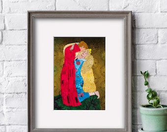 Sleeping Beauty Mashup with Gustav Klimt's The Kiss, Hi Res, 5"x7"(with Matting Options) or 8"x10" Digital Painting Print, Art Nouveau