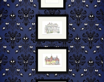 Sofort Download, Haunted Mansion Aquarellbilder: 4er Set Digitaldrucke, Disneyland, WW Magic Kingdom, Paris, Hong Kong, Disneyland Decor