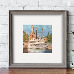 May include: A watercolor painting of a white steamboat docked at a pier. The steamboat has two tall black smokestacks and a white paddle wheel. The background features a colorful building with a golden spire.
