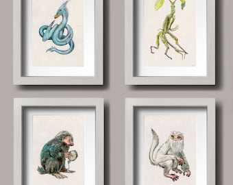 Set of 4, Cute Wizarding Creatures, Watercolor Print, 5"x7" (with Matting Options)