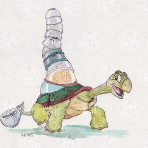 May include: A green turtle with a brown shell is carrying a stack of blue and white cups on its back. The turtle is walking and has a blue and white cup in its mouth. The turtle is painted in a watercolor style.
