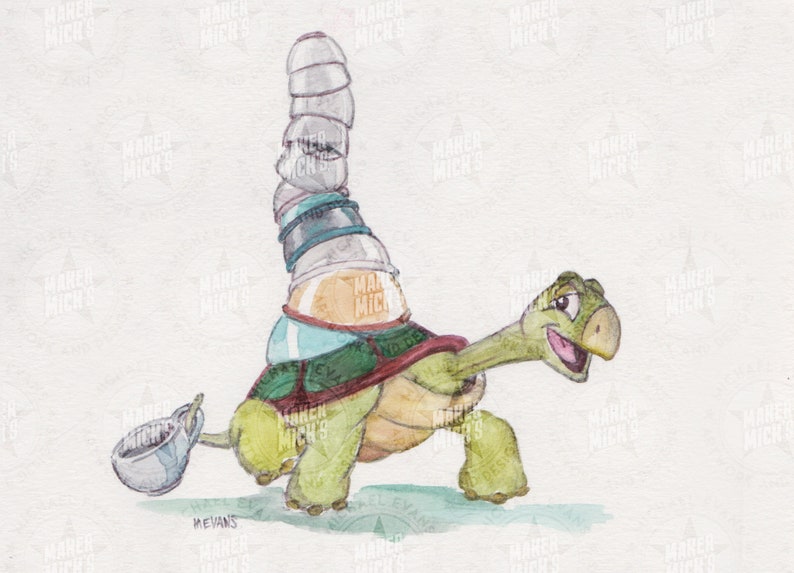 May include: A green turtle with a brown shell is carrying a stack of blue and white cups on its back. The turtle is walking and has a blue and white cup in its mouth. The turtle is painted in a watercolor style.