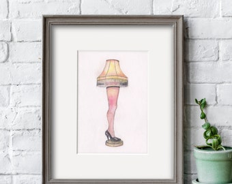 May include: A watercolor painting of a lamp shaped like a leg wearing a high heel shoe and a lampshade. The lampshade is a traditional Christmas-style lampshade with a yellow, orange, and red color scheme. The leg is painted in a light pink color.