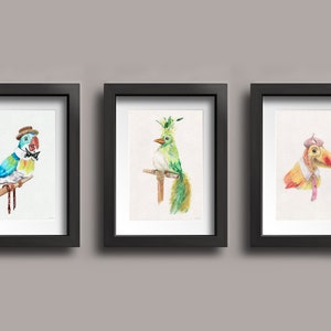 Instant  Download Watercolor Prints, Set of 3, Disneyland's Tiki Room Birds, 5"x7", Tiki Room Office, Tiki Room Bedroom, Tiki Bird Decor
