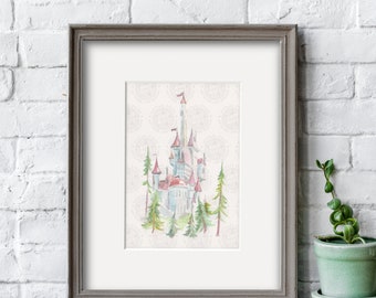 Beauty and the Beast Castle Watercolor Painting Print, 5"x7" (with Matting Options) or 8"x10", Hi-Res, Disneyland Decor, Princess Bedroom