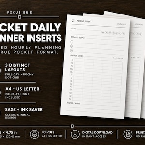 May include: Three white pocket daily planner inserts with black text and lines. The layout includes a date field, days of the week, a top 3 task list, and an hourly grid from 7 am to 10 pm. The text reads Focus Grid, Pocket Daily Planner Inserts, Undated Hourly Planning In A True Pocket Format, 3.25 x 4.75 in, and 82.55 x 120.65 mm.