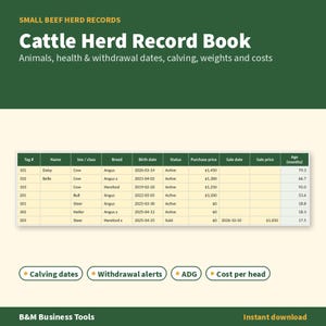 Pode incluir: Um modelo digital de registro de rebanho bovino com cabeçalho verde escuro e fundo creme. Inclui uma tabela de dados para rastrear etiquetas, nomes, raças, datas de nascimento, status, preços de compra e idades dos animais.