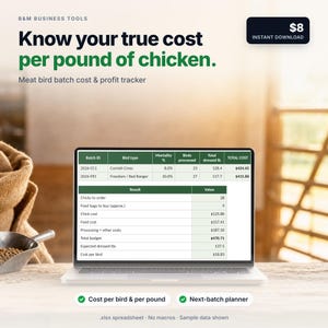 May include: A digital spreadsheet displayed on a laptop screen titled Know your true cost per pound of chicken. The table tracks meat bird batch costs, mortality rates, bird counts, and total dressed weight in pounds for Cornish Cross and Red Ranger.