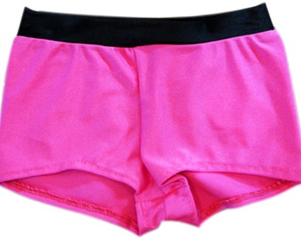 Hot Pink Shorts with a Black Waistband - Spandex Dance Shorts Comfortable and Stylish. All Sizes Available