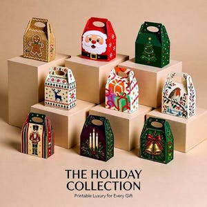 May include: A collection of nine cardboard gift boxes with handles, featuring various holiday designs including a gingerbread man, Santa Claus, a Christmas tree, a reindeer, presents, a robin, a nutcracker, candles, and bells. Text reads THE HOLIDAY COLLECTION.