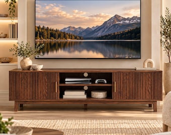 54 Inch Fluted TV Stand for TVs Up to 55 Inches, Mid Century Modern Entertainment Center with Storage, Adjustable Shelves, Wooden Media.