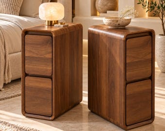 Narrow Nightstand Set of 2, Slim Wooden Bedside Tables with 2 Drawers, Modern Curved Night Stands for Small Spaces, Bedroom Storage