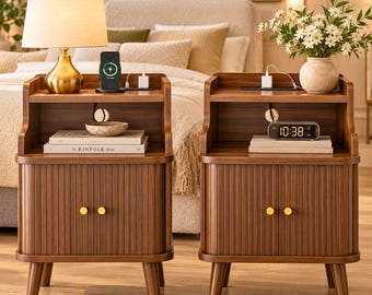 Fluted Nightstand Set of 2 with Charging Station, Bedside Tables, Mid Century Modern Bedroom Storage Cabinet