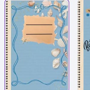 Puede incluir: Una agenda de espiral con cinco páginas en tonos azules. Las páginas incluyen una portada con borde de conchas, un calendario 2027 con el texto Better together, una cuadrícula mensual, una lista de tareas con el texto I'M NOT SURE WHAT TO DO y una página rayada para notas.