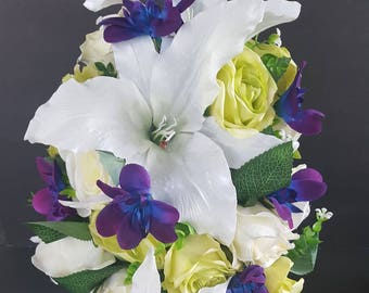 Purple Orchid Bridal Bouquet, White and Green Rose Boutonniere, Blue Purple Galaxy Orchids, Peacock Feathers, Purple and Green Silk Flowers