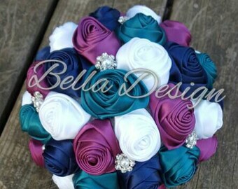 Navy, Jade and Plum Ribbon Rose Bouquet Set Accented with Rhinestones and Pearls | Fabric Wedding Flowers for Bridal Party | Rosettes |