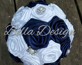 Navy and White Ribbon Rose Bridal Bouquet with Brooches | Fabric Flowers | Wedding Flowers for Bridal Party | Marine Rose Bridal Bouquet |