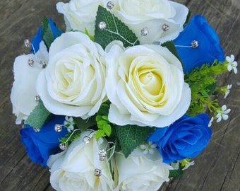 Ivory Rose Bridal Bouquet | Royal Blue Rose Bouquet | Rhinestone Bouquet | Horizon Blue Wedding Flowers| Morning Glory Bridesmaids Bouquets