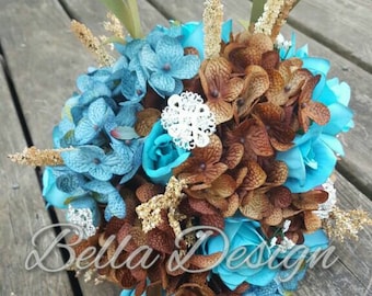 Teal and Brown Bridal Bouquet Set with Hydrangeas, Roses and Brooches , Country Rustic Silk Wedding Flowers Bridal Party,Malibu Aqua Wedding