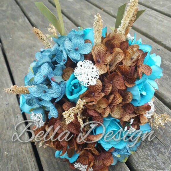 Teal and Brown Bridal Bouquet Set with Hydrangeas, Roses and Brooches , Country Rustic Silk Wedding Flowers Bridal Party,Malibu Aqua Wedding