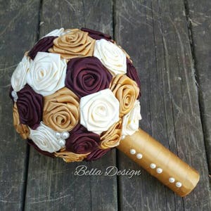 Gold, Burgundy and Ivory Bouquet Fabric Bridal Bouquet Ribbon Rose Bouquet Rosettes Fall Bridal Bouquet Pearl Wedding Antique image 6