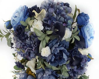 Cascading Navy Bridal Bouquet, Navy Rose and Peony,  Rose Bridal Bouquet, Fake Wedding Flowers, Midnight, Marine Wedding, Silk Bride Bouquet