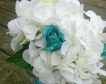 Teal Turquoise and White Bridal Bouquet Set with Roses, Hydrangeas and Lilies |  Greenery and Rinestones | Wedding Flowers for Bridal Party|