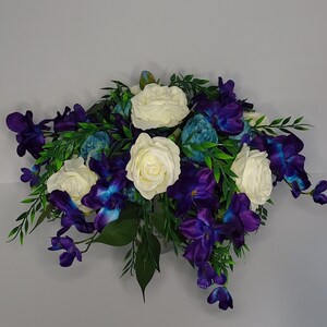 Puple and Teal Bridal Bouquet, Large Cascade Bridal Bouquet, Purple Orchids, White Roses, Teal Peonies, Greenery, Artificial Silk Flowers image 3