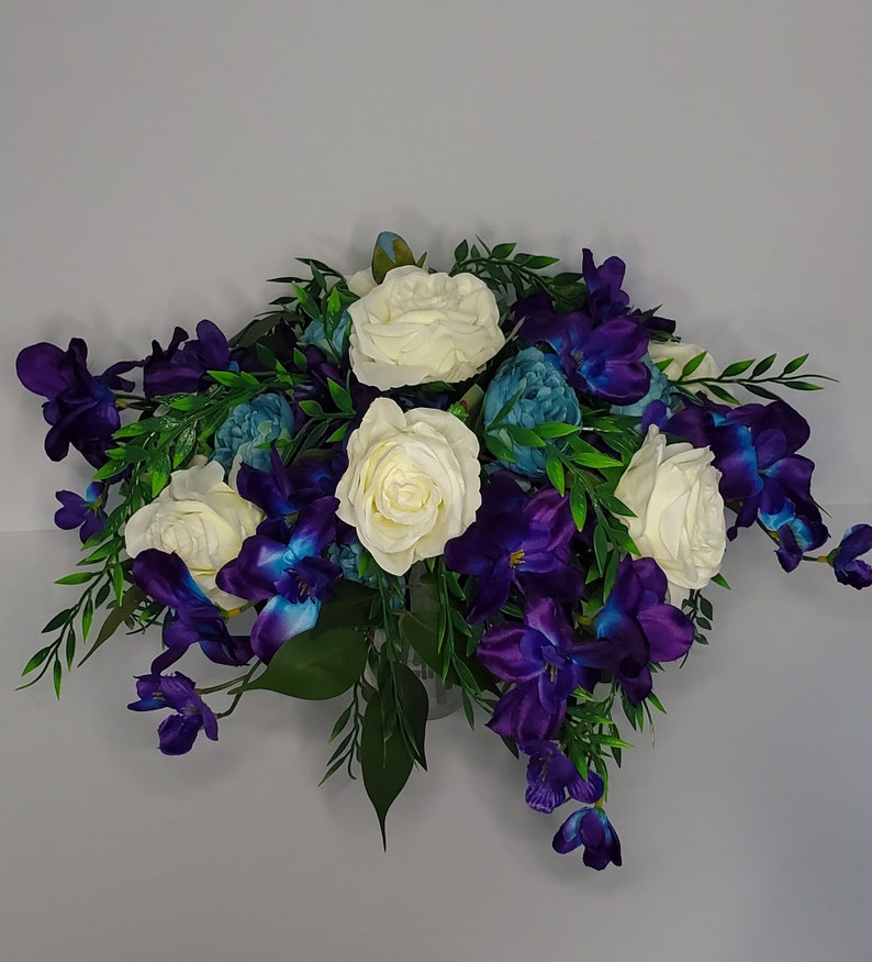 Puple and Teal Bridal Bouquet, Large Cascade Bridal Bouquet, Purple Orchids, White Roses, Teal Peonies, Greenery, Artificial Silk Flowers image 3