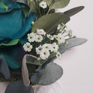 Teal Wedding Flowers, Eucalyptus Bouquet, Rose Bridesmaid Bouquets. Beach Wedding, Silk Flowers, Babies Breath Bouquets, Peacock Rose image 3