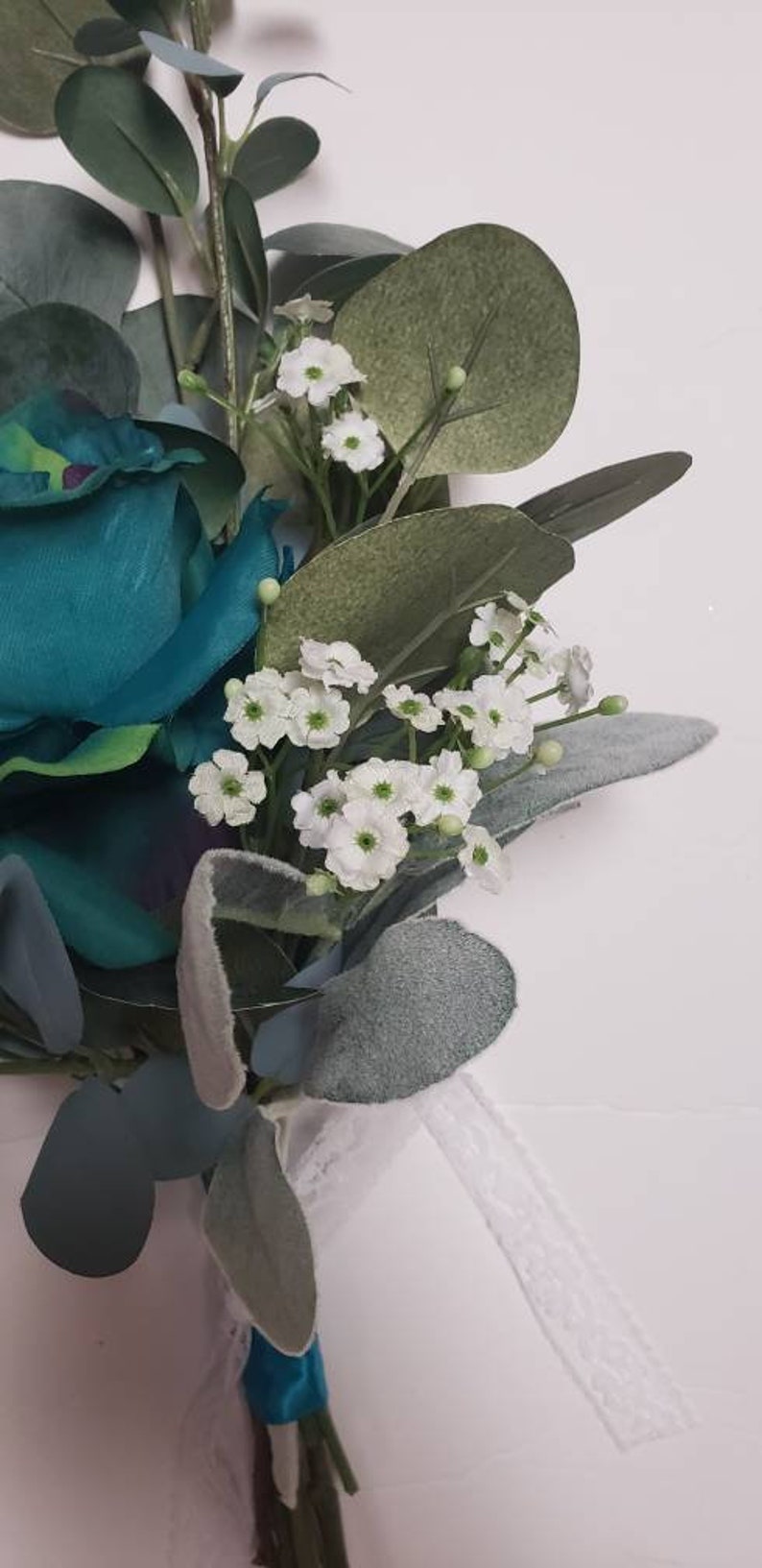 Teal Wedding Flowers, Eucalyptus Bouquet, Rose Bridesmaid Bouquets. Beach Wedding, Silk Flowers, Babies Breath Bouquets, Peacock Rose image 3