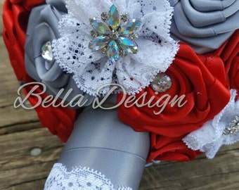 Red White and Grey Bridal Bouquet, Christmas Wedding, Brooch Bouquet, Matching Lace Garter Set, Ribbon Rose Bridal Bouquet Set, Toss Bouquet