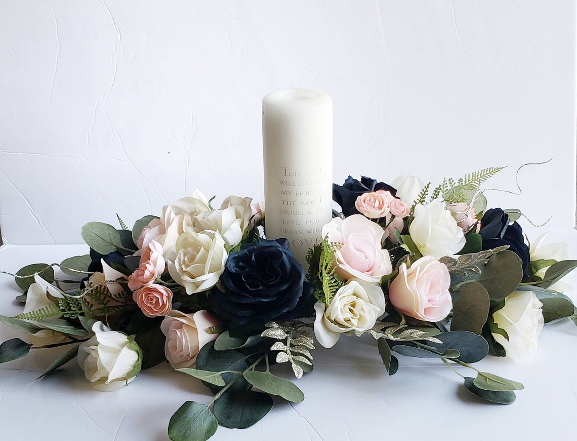 Blush Pink and Navy Candle Arrangement Unity Candle Flower image 2